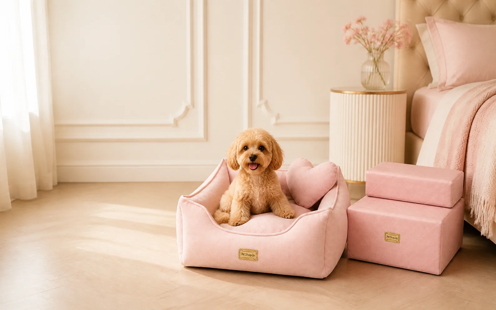 Маленький мальтіпу у рожевій лежанці Pet.Shop.Ua поруч зі сходинками